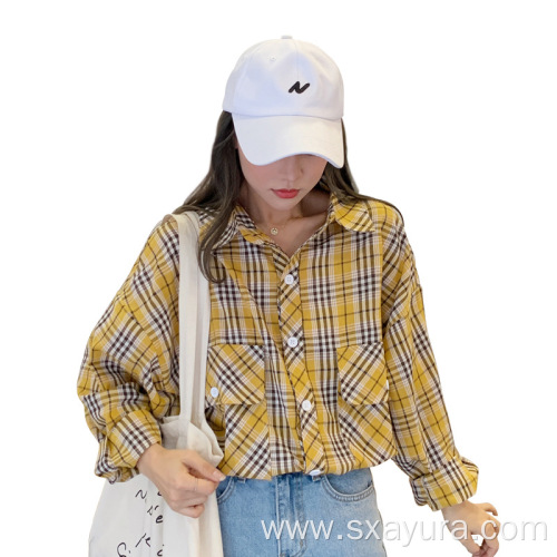 Custom V-Neck Plaid Shirt All-match small yellow fine plaid shirt in Autumn Supplier